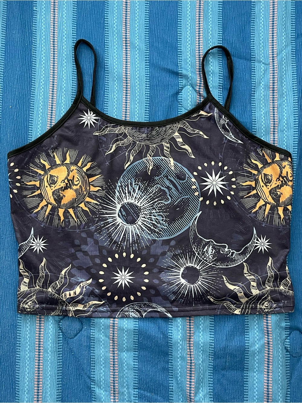 Celestial Print Spaghetti Strap Crop Camisole - Black & Gold-Size XXL